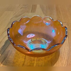 Antique Carnival Glass Bowl Candy Dish Peach Lustre 7.5" Scalloped Edges MCM